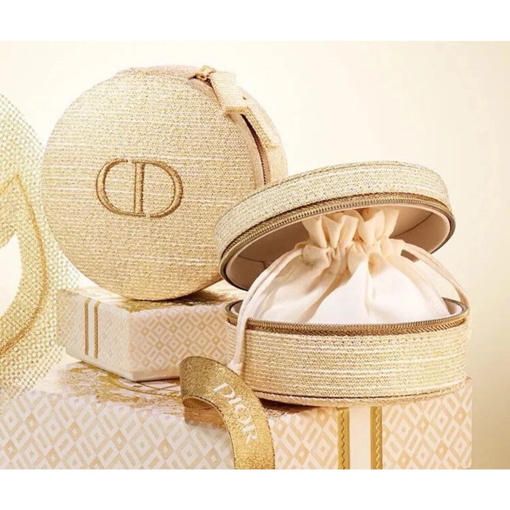 Dior Gold Glitter Designer Travel Jewelry Round Case Pouch w Black Mirror - NEW